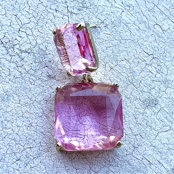 925 Sterling Silver double square Gold & Baby Pink crystal dangle drop earrings - Picture 5 of 6